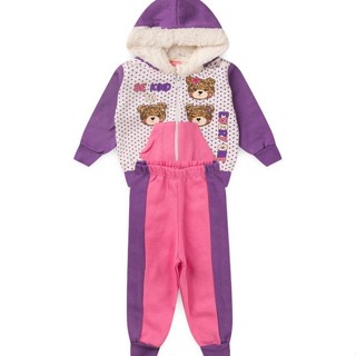 Conjunto Bebê Moletom Menina Com Capuz - Urso - Roxo e Rosa