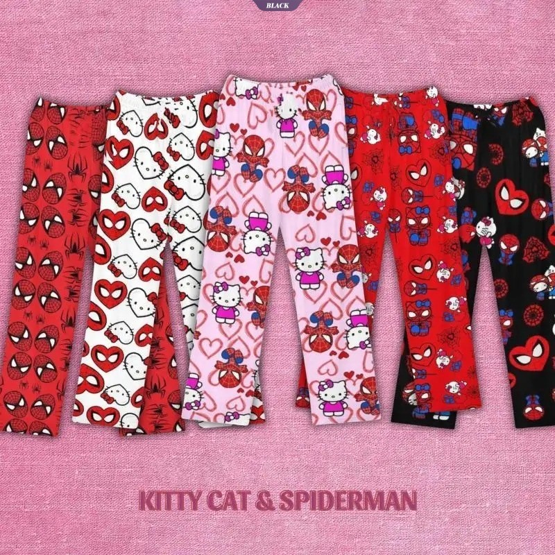 Primavera E Verão Novo Homem-Aranha Hello Kitty Cartoon Calça Pijama Feminina Versão Coreana Da Moda Caseira [BL] .