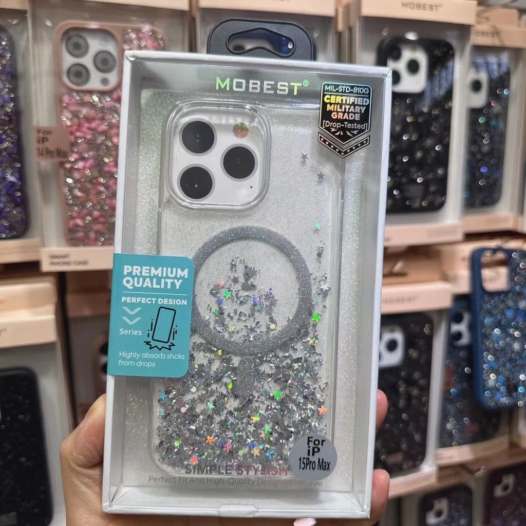 MOBEST Glitter Caixa Telefônica Magnética De silicone Transparente Brilhante Para iPhone15 15Plus 15 PRO MAX 14 13 12