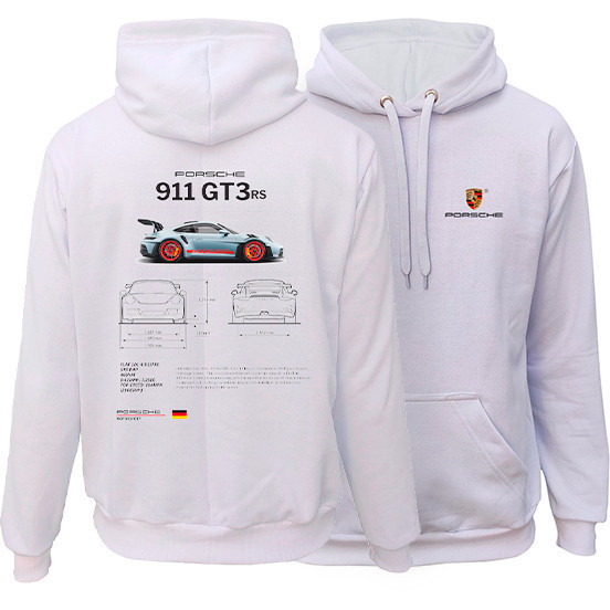 Blusa Moletom Porsche 911 GT3 Casaco de Frio com Capuz e bolso Branco e Bege Lançamento