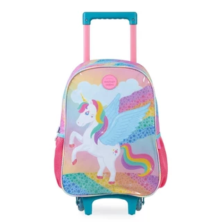 Mochila Escolar Feminina de Rodinhas Unicórnio Rainbow Rosa