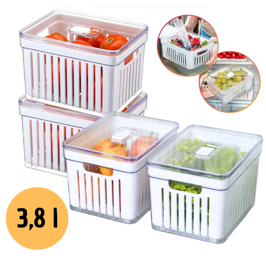 Kit 4 Organizador de Geladeira 3,8 Litros Cesto Com Tampa Multiuso Alimentos Verduras e Vegetais