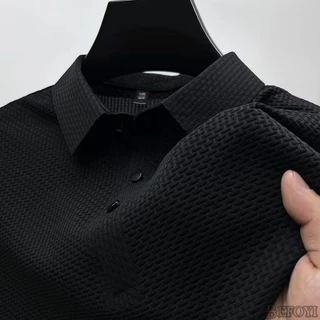 Pólo De Seda Para Homem Camisa De Manga Curta Com Colarinho De Botão De Negócios Cor Sólida Paul Loose Top Kemeja Baju Lelaki XC2252