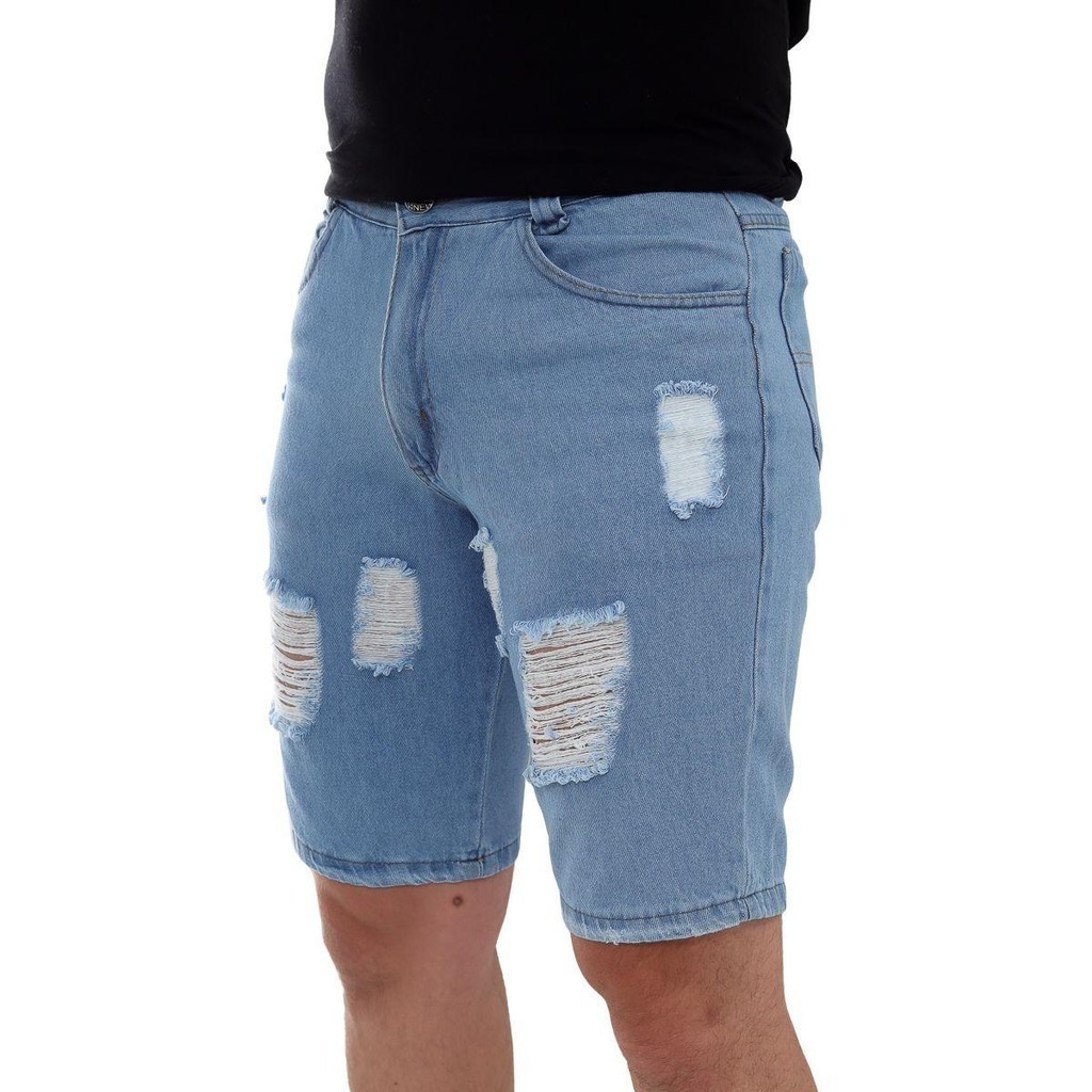 Bermuda Jeans Masculina Básica Lavagem Clara Detalhes em Puídos Linha Premium