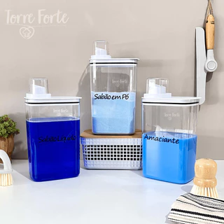 Kit 3 Potes Herméticos Copo Dosador Porta Sabão Em Pó Líquido Amaciante Lavanderia Mantimentos