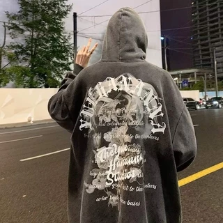Inverno Americano Estilo Rua Americana Capuz De Manga Longa Da Moda Masculina Gótico Rosa Impressão Pullover Lavado Sweatshirt Vintage Preto Hiphop Vestuário