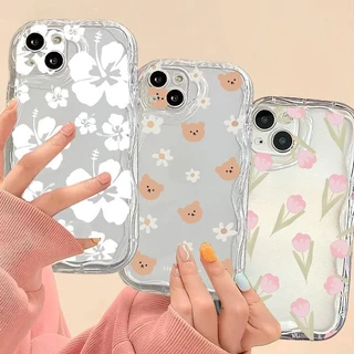 Capa Para Samsung Galaxy A55 A54 A35 A14 A22 A23 A24 A34 A52 A52S A53 A32 A25 A13 A72 A04 A04E Creme De Flor De Rolamento Borda Ondulada Silicone Transparente À Prova De Choque