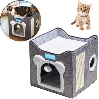 Cama para Gatos com 2 Andares Dobrável Casinha Com Arranhador Pet Toca Caminha Dobravel Tenta Toca desmontavel lavavel portatil Casa Para Gatos Resistentes Com Bolinha Antiestresse Protetor 41x35cm Duke e Dixie