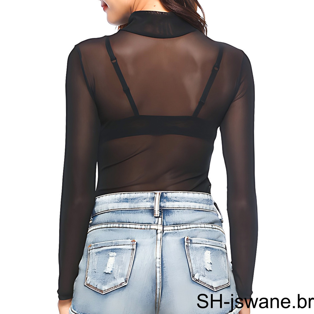 1/2/3 Camiseta Base Mulher Sexy Manga Longa Elástica Ver Através De  Transparente Casual Senhoras Round Collar Party Tops Primavera Verão |  Shopee Brasil