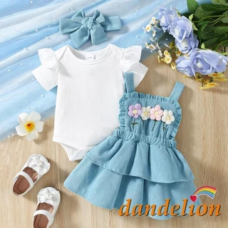 Baby Girls Conjunto De Roupas De 3 Peças Rompers De Manga Curta + Crochet Flowers Saia Suspender + Fita De Cabeça. Macacão De Verão Meninas infantil/Bebês