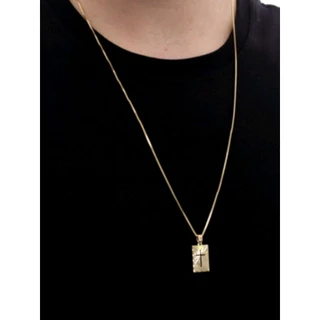 Corrente fina masculina Veneziana Dourada + Pingente Placa Cruz dourada 70cm 11 rn