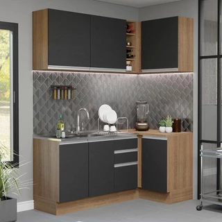 Cozinha Completa de Canto Madesa Glamy 269001 com Armário e Balcão (Sem Tampo e Pia) - Rustic/Preto em Oferta na Shopee
