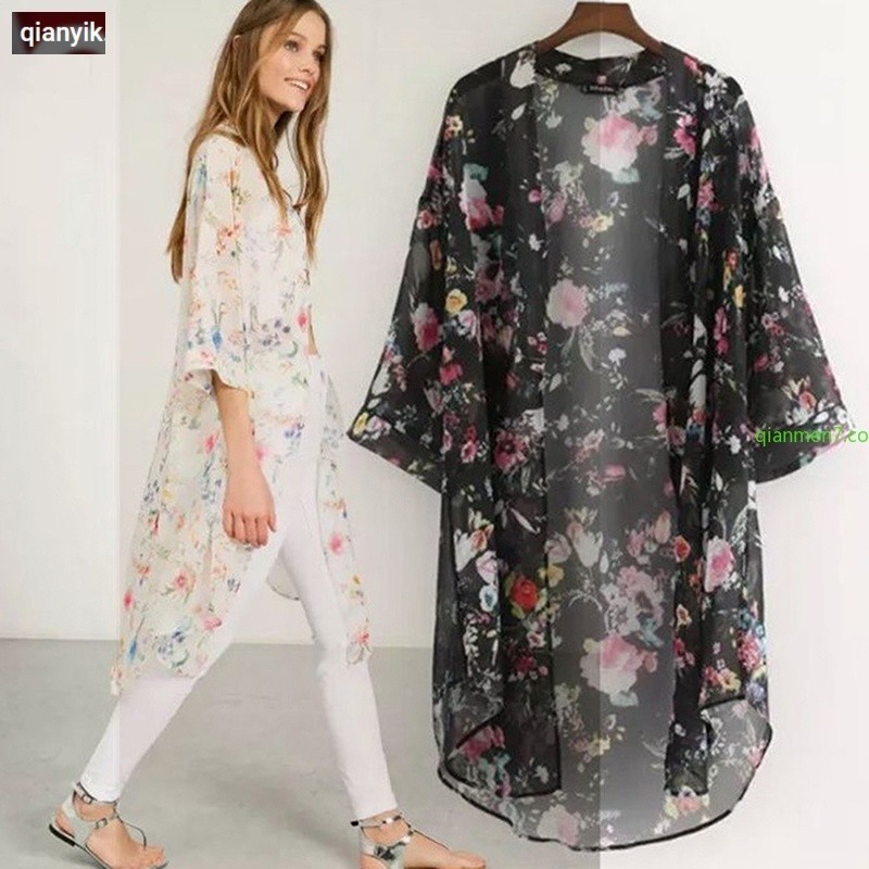 Kimono Cardigan Mulheres Longo Verão Chiffon Floral Impressão