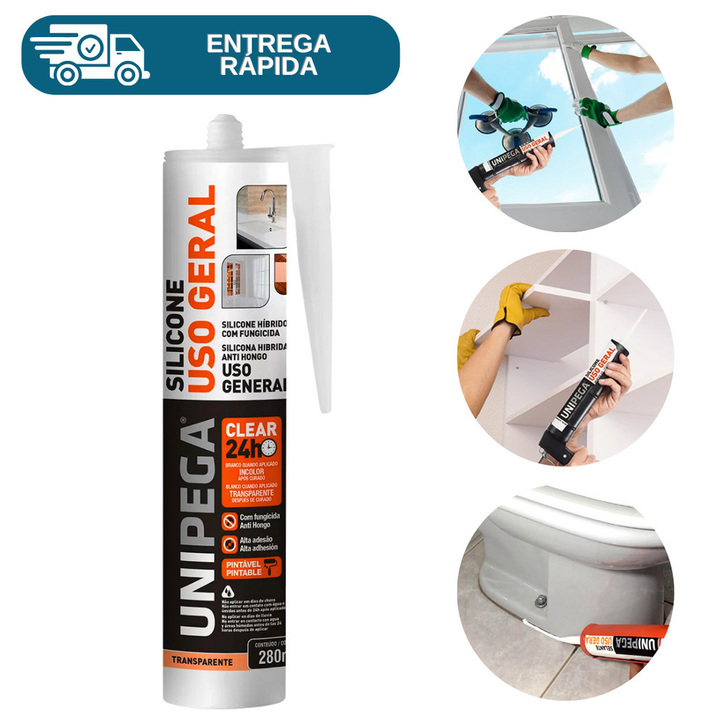 Silicone Cola Vedação Hibrido Uso Geral 280ml Multiuso Com Fungicida Unipega Para Janela Azulejo Pia Box de Banheiro