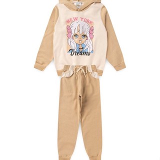 Conjunto Infantil Menina Moletom - New York Dreams - Off White e Bege