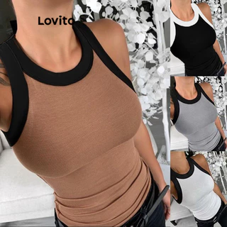 Lovito Top Básico Casual com Patchwork e Bloco de Cores para Mulheres LNL38002 (Café/Cinza/Branco/Preto)