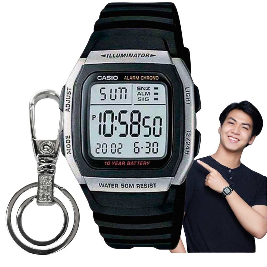 Relógio de Pulso Casio Masculino Digital Prova Dágua 50 Metros Quadrado Illuminator Esportivo Preto W-96H-1AVDF + Chaveiro