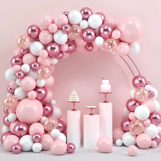 Kit 175 Balões Rosa + Branco + Cristal N°7 + (Confete) + Rosa Cromado N°5 + Fitas Para Balão Bexiga Liso Para Festas
