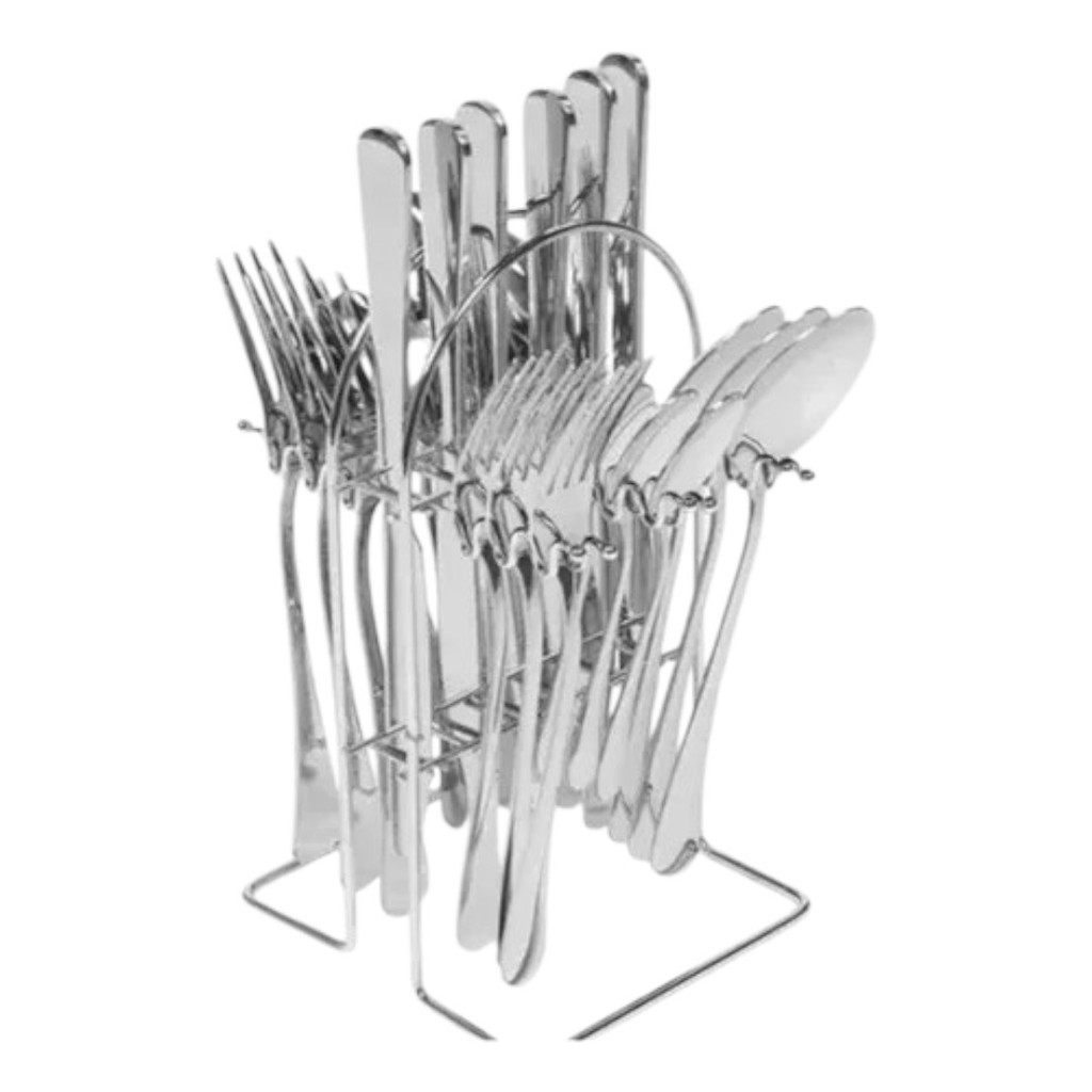 Conjunto De Talheres Inox Luxo Com Suporte 24 Peças | Shopee Brasil