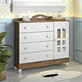 Cômoda Infantil 4 Gavetas com Porta Fraldário Provençal Lisa Branco com Amadeirado Carolina Baby