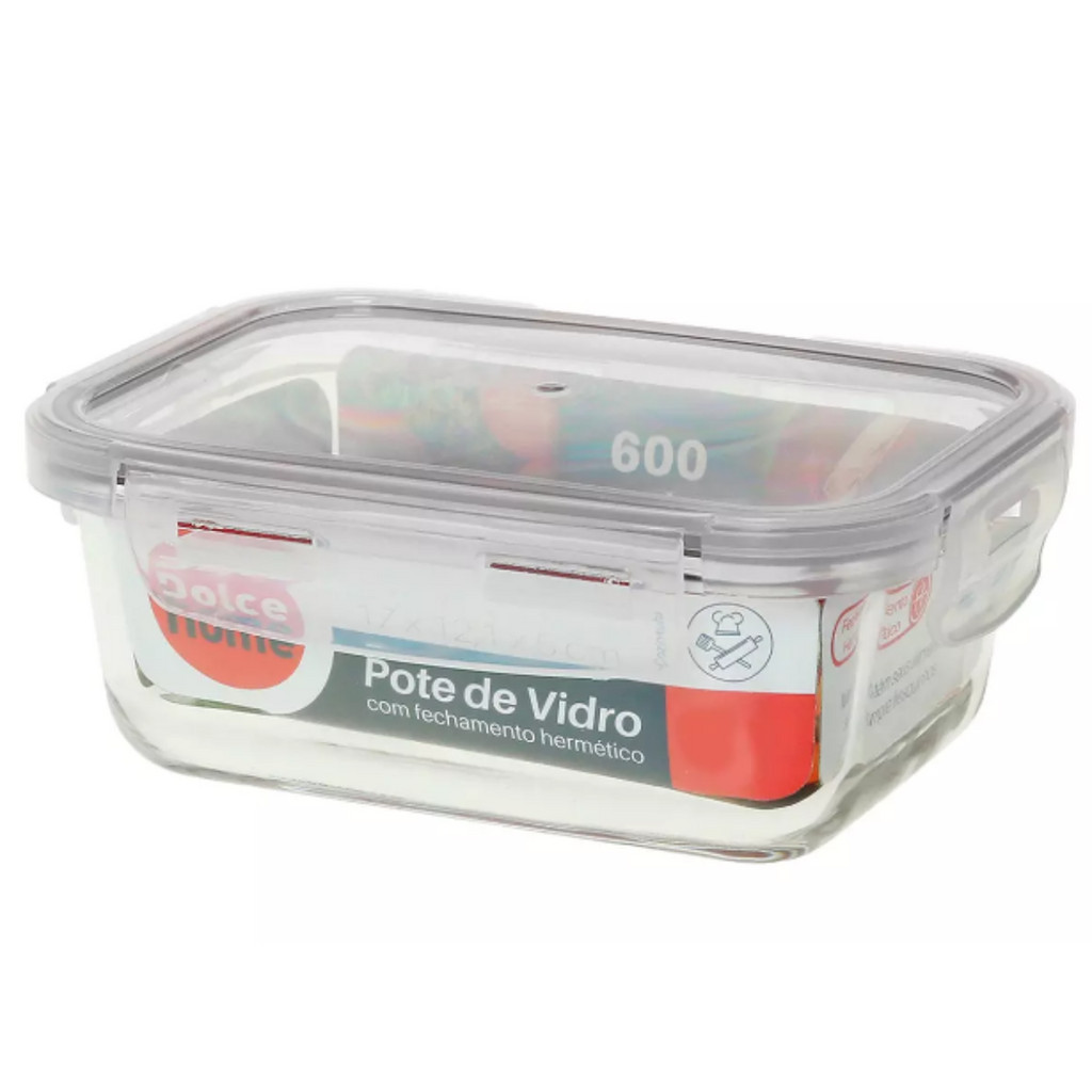Pote Hermético de Vidro Com trava 600 ml com tampa silicone