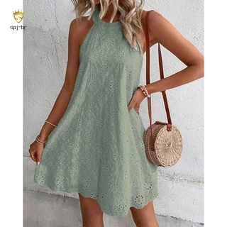 Elegante Mini Vestido De Verão Moda Feminina Branco O-Neck Sleeveless Preto Férias Curto Casual