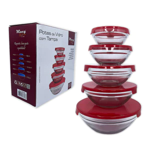 Conjunto 5 Potes de Vidro Hermeticos com Tampa Armazenamento Utensilios de Cozinha Freezer