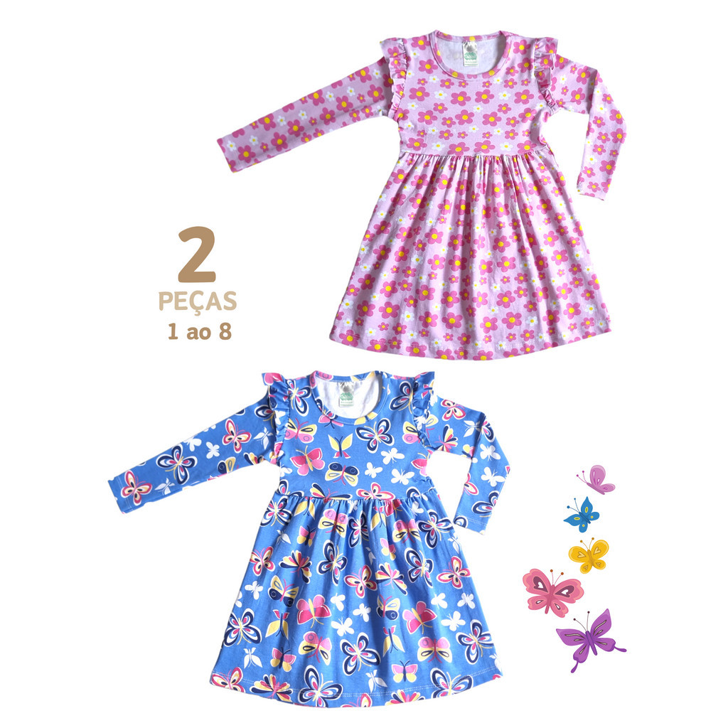 Vestido Manga Longa infantil Estampado 1 ao 8 Meia Estação 2 PEÇAS ...
