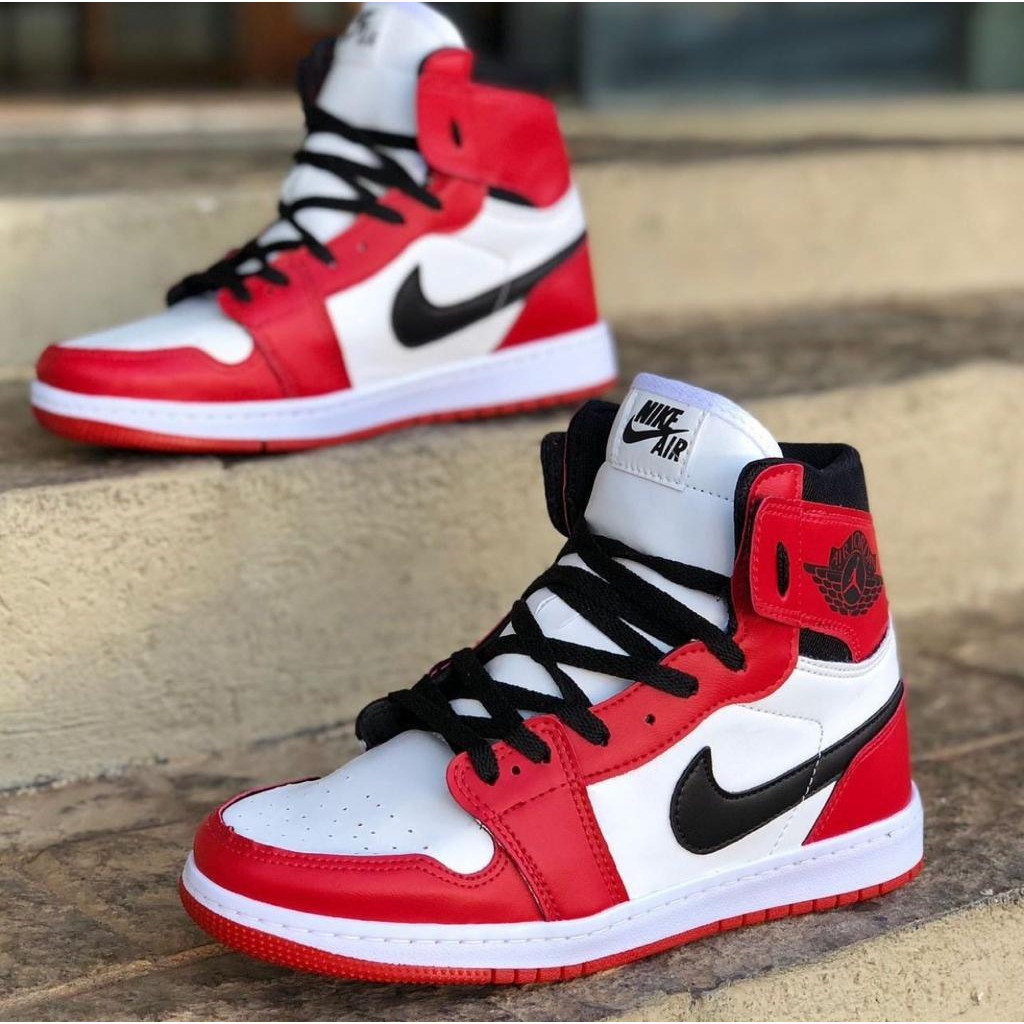 Tênis Branco Vermelho Jordan Botinha Masculino Unissex Cano Alto Confortável
