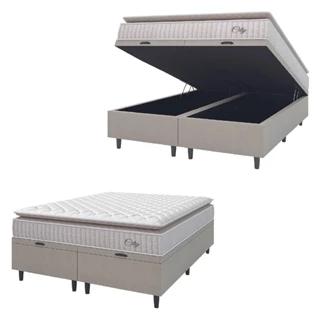 Cama Box Colchão Baú Casal Queen Molas Ensacadas City Pillow Top 158x198x64cm Branco / Bege Hellen - Suporta até 110kg por Pessoa