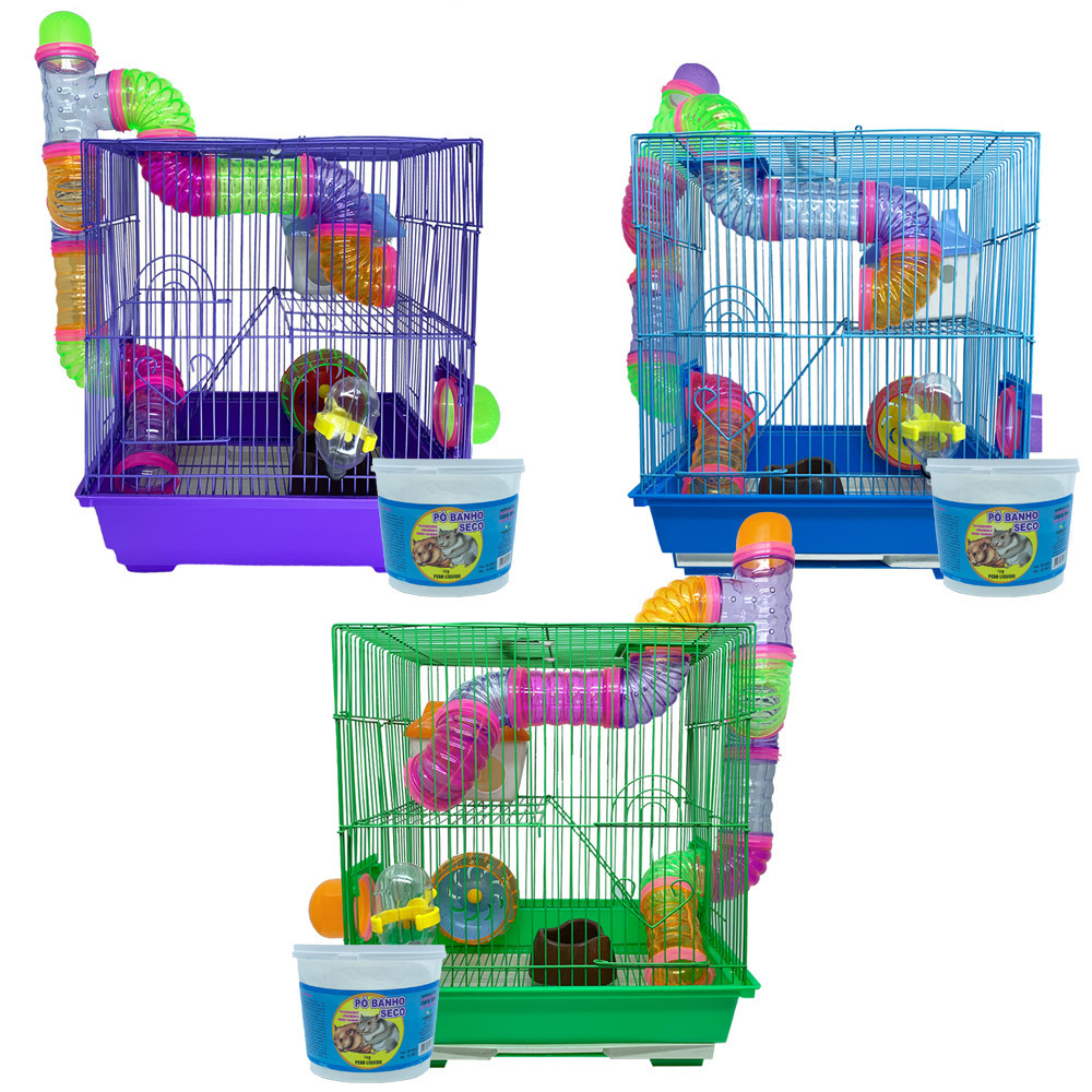 Image showcasing Kit para Hamster Roedor Gaiola 2 andares e Banho a Seco 1kg Savana Pet ...
