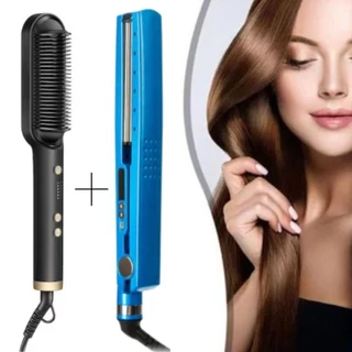 Kit Escova Alisadora Bivolt 5 em 1 + Chapinha de Cabelo Nano Titanium 450°