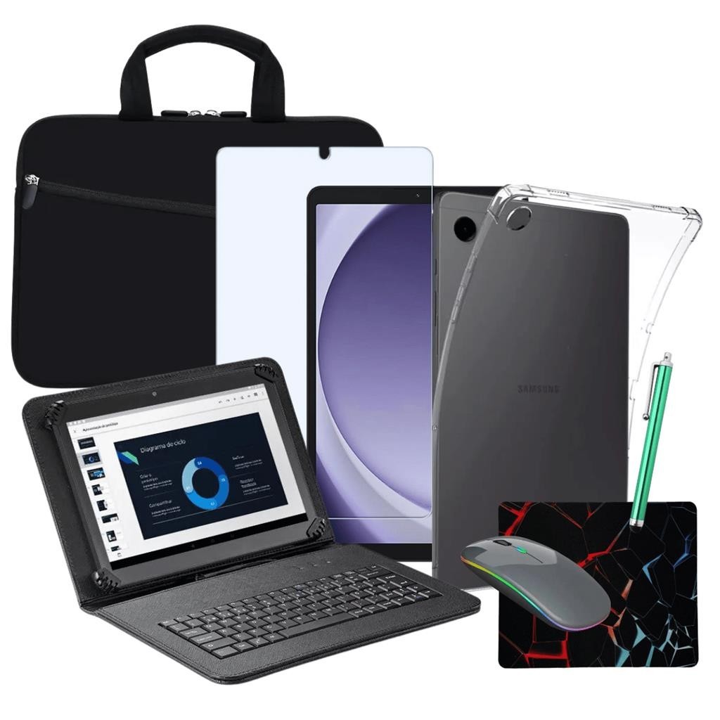 Kit Capa Teclado p/ Tablet Galaxy Tab A9 Plus + Pelicula + Caneta Touch + Mouse Bluetooth