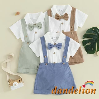Conjunto de Roupas de Menino Bebê de 0 a 24 Meses, Macacão de Manga Curta em Cor Sólida com Gravata Borboleta e Shorts de Jardineira para Uso Formal