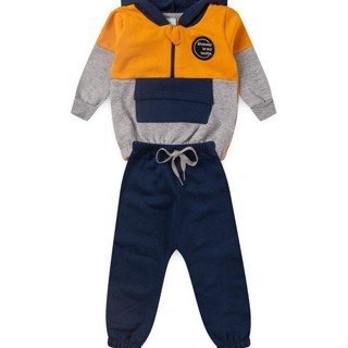 Conjunto Bebê Moletom Menino Com Capuz - Tricolor - Mostarda Azul Marinho e Cinza