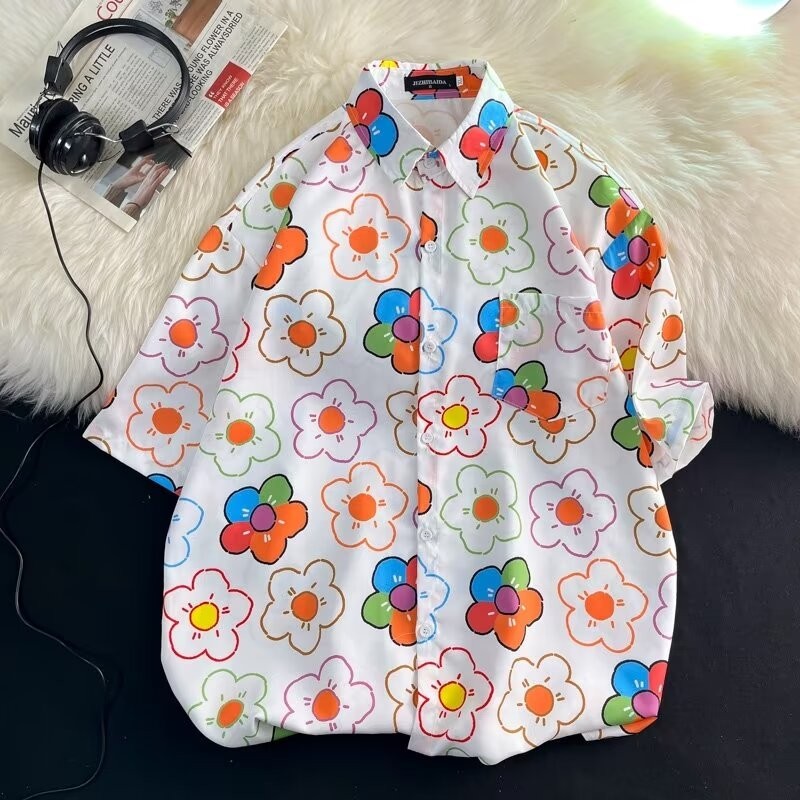 Literário Novo Estilo ins Square Neck Trendy Shirt Summer Youth Popular Simples Padrão Padrão Padrão Masculino Trendy Half Sleeve Lazy