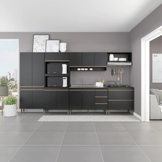 Cozinha Modulada 360cm com Balcão Pia Sabrina 6 Peças Preto Reins