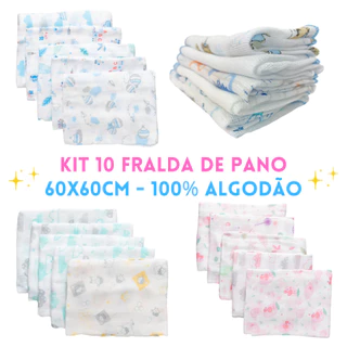 Fraldas de pano kit com 10 unidades 60x60cm 100% algodão Minasrey Bebê Babete Toalinha Babita Paninho Estampado em Oferta na Shopee