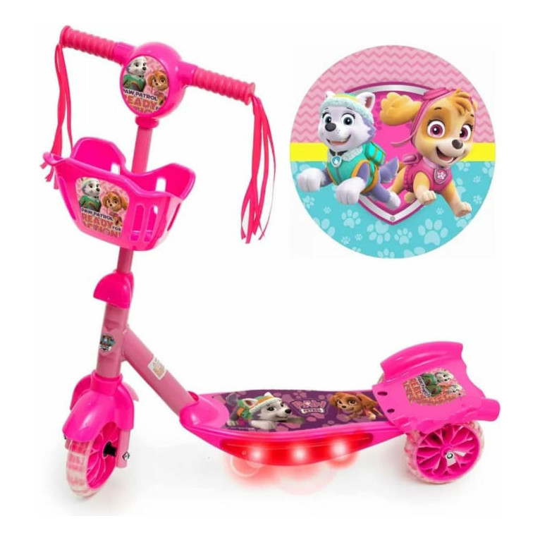 Patinete Patrulha Canina Musical 3 Rodas Com Cesto E Luzes