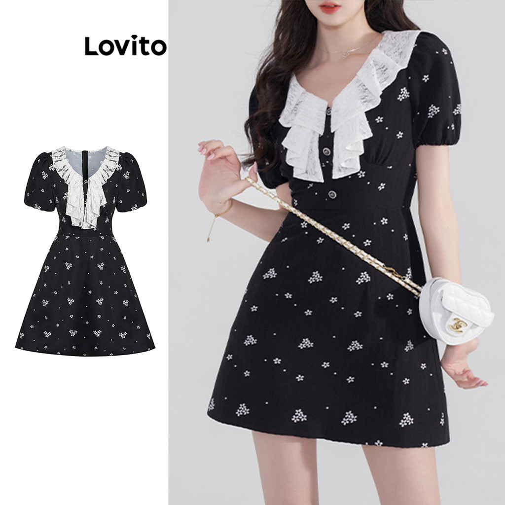 Lovito Vestido Feminino Casual Liso Com Babados Com Botão Padrão L76AD175