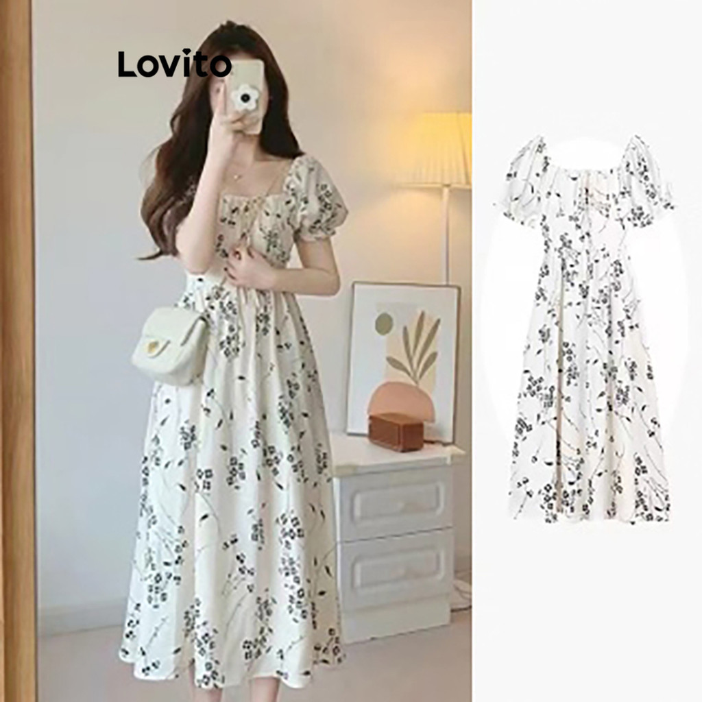 Lovito Casual Vestido Feminino Tropical com Manga Bufante LNE40136