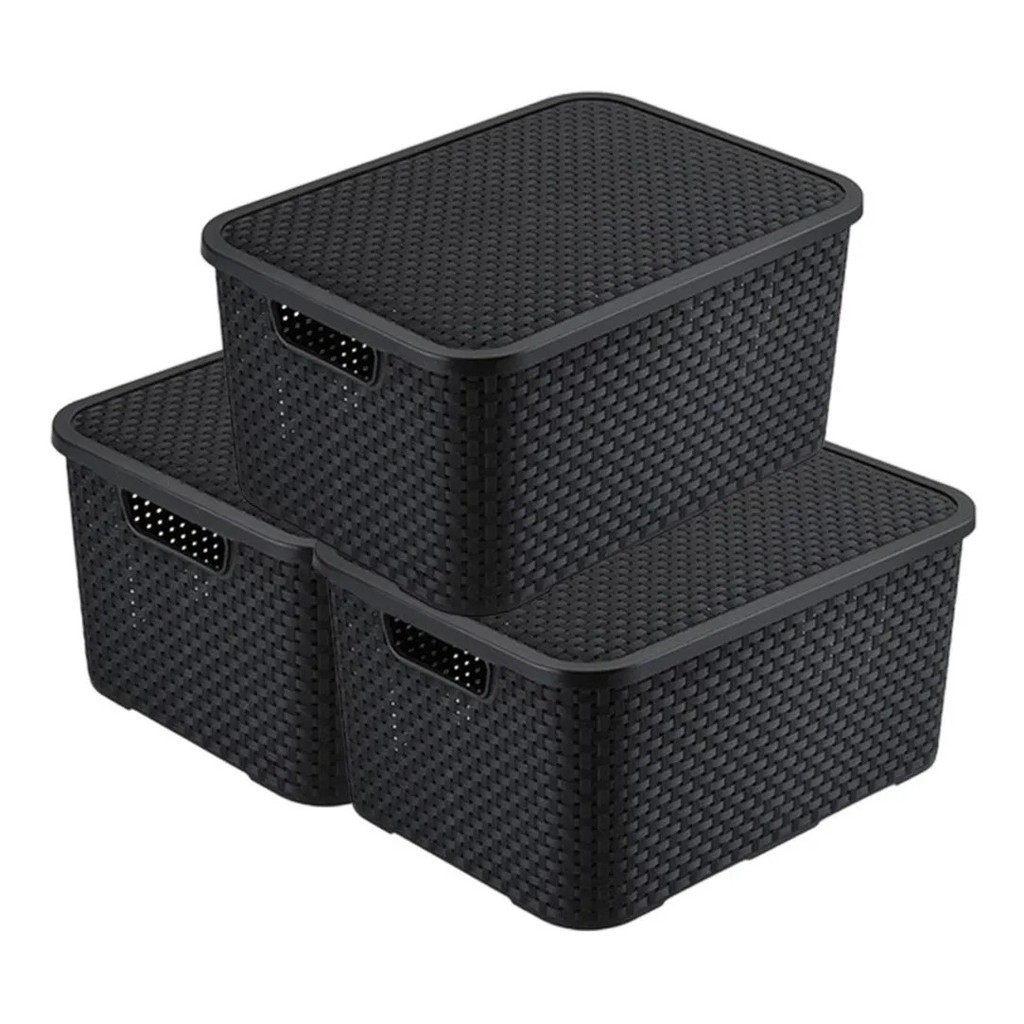 Caixa Organizadora Rattan Com Tampa 7 Litros Preto Kit 3 Pcs Envio Imediato