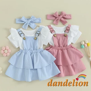 Conjunto de 3pcs roupas para infantil bebê menina de 0 a 24 meses / Macacão de manga curta +vestido suspenso em camadas e faixa de cabelo, roupa de verão