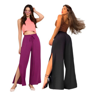 Kit 2 Calças Pantalona Elástico Laço Cintura Fenda Na Perna