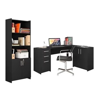 Conjunto Para Escritório 2 Peças com Mesa de Canto em L e Armário Notável Móveis