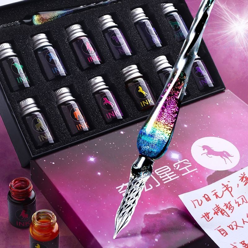 Caneta De Vidro E Tinta Caligrafia Dip Pen Set 12 Tintas Coloridas Cristal Para Escrita De Arte Assinaturas De Desenho