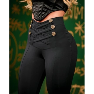 Calça Legging poliamida chapa barriga com detalhes com botão na cintura feminina