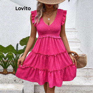 Lovito Vestido Boho Liso Com Babados Para Mulheres LNL34063 (Rosa Choque/Branco)