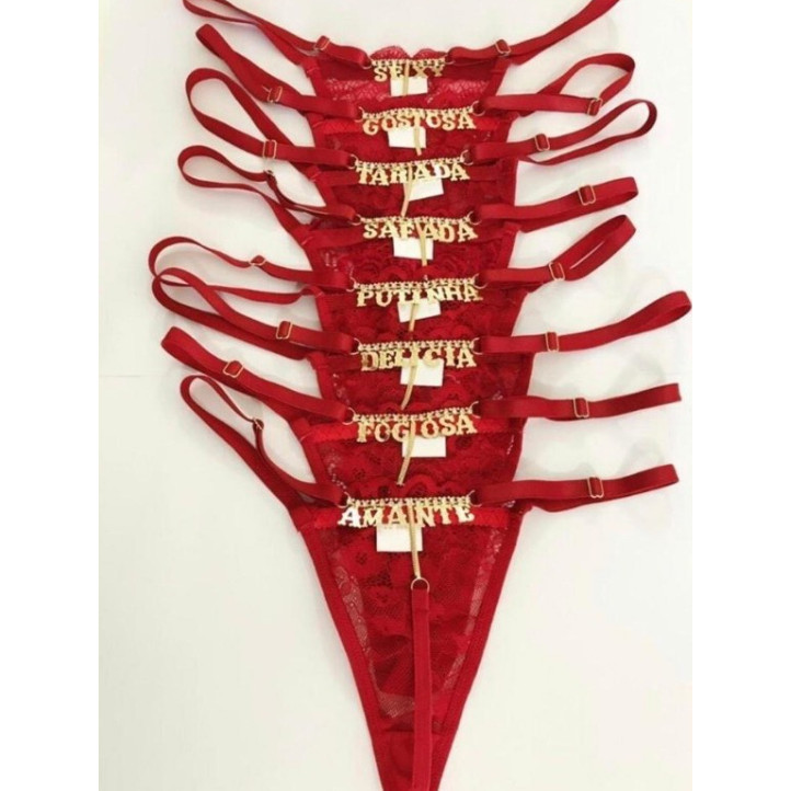 Tanga com Strass pingente fio dental com regulagem renda