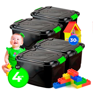 Kit 4 Caixas Organizadora 30 Litros Grande C/Tampa e Trava Cesto para Brinquedos e Multiuso